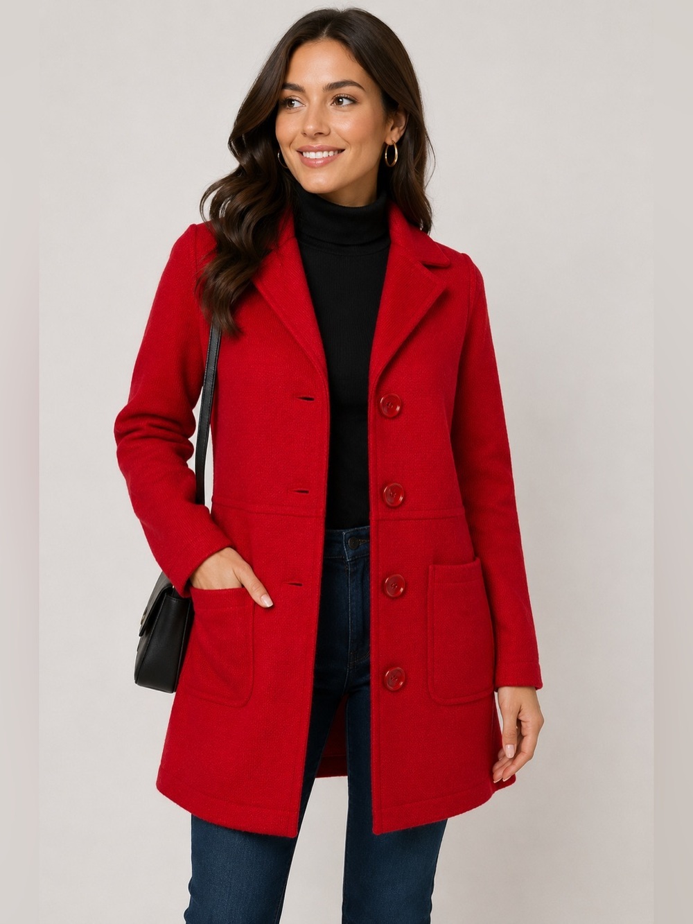 Chico’s Red Wool Blend Long Button Front Blazer Jacket with Pockets Size 1 (M)
